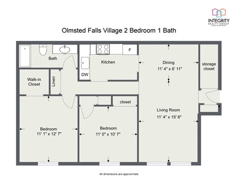 Floor plan for 2 beds, 1 bath, 1000 sqft
